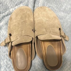 Tan Suede Slip-On Sandals